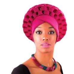 Beauty Town Aso Oke Auto Gele Headtie Hot Pink Stretch Head Turban